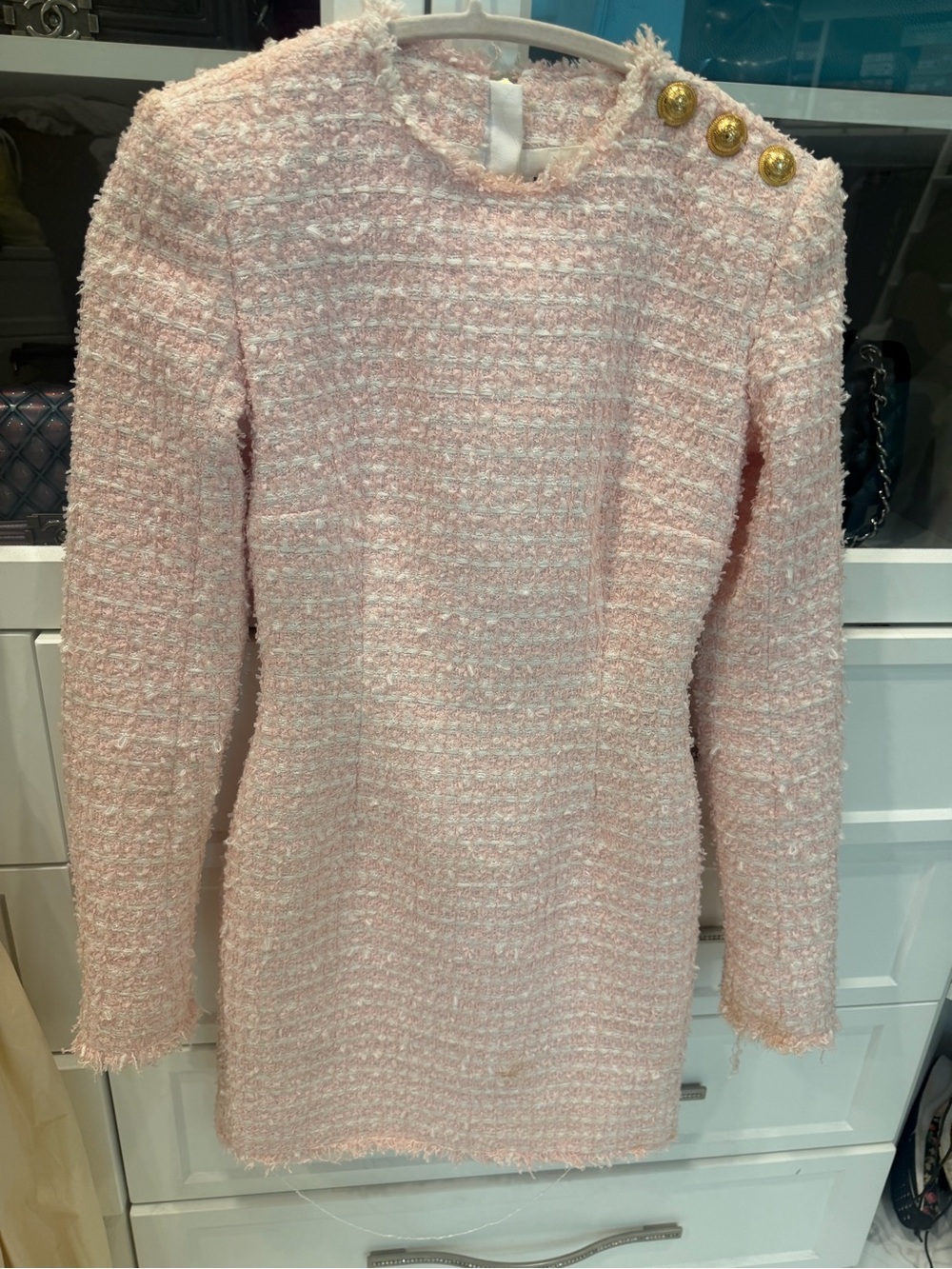 Women’s Pink Bouclé Long-Sleeve Balmain dress with Gold Buttons